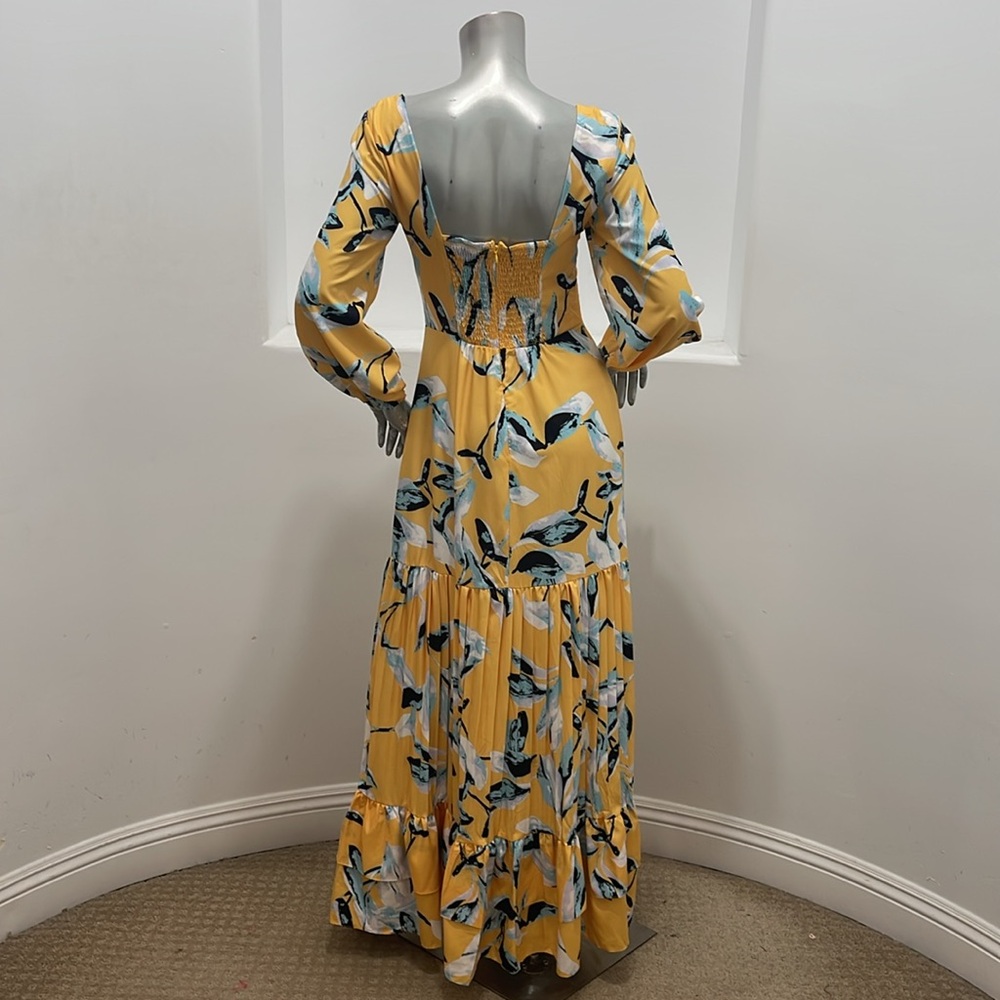 CHICWAYS Women Long Sleeve Tiered Yellow Multi Floral Maxi Dress Size Various - Picture 3 of 15